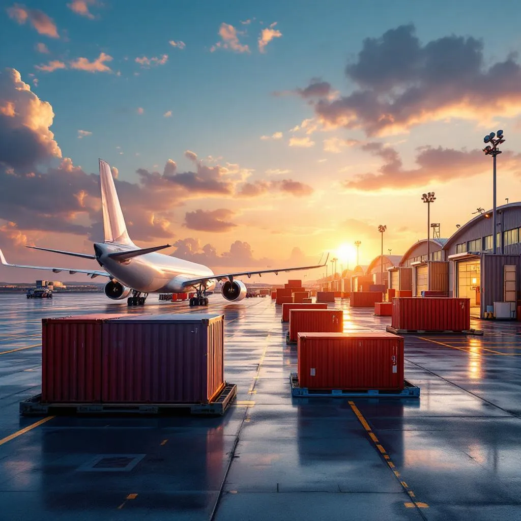 International airport cargo facility with airplanes and shipping containers for global door to door air freight.