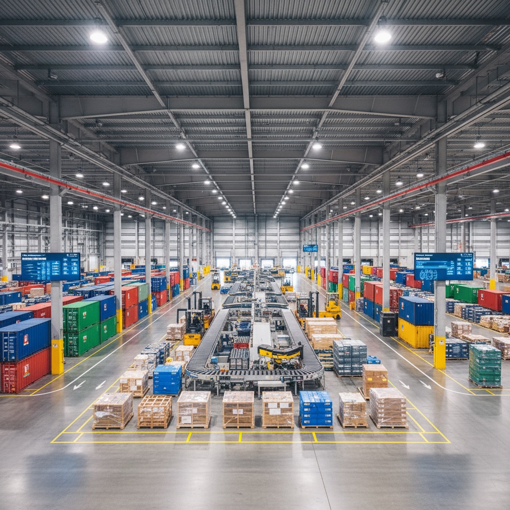 Modern logistics warehouse interior with organized shipping containers, pallets, and material handling equipment for door to door air freight.