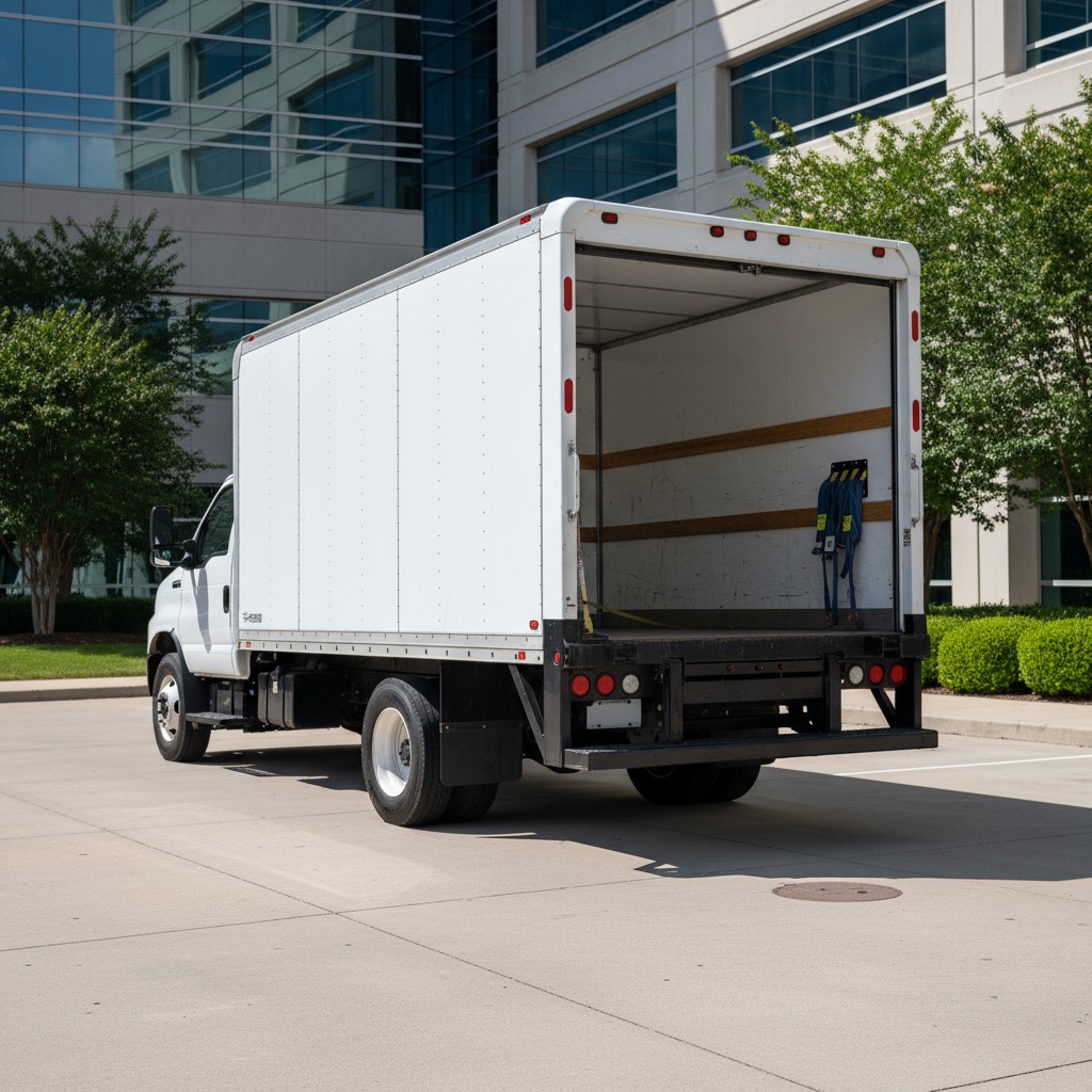 Professional delivery truck with liftgate equipment positioned at modern commercial building for final mile air freight delivery service.