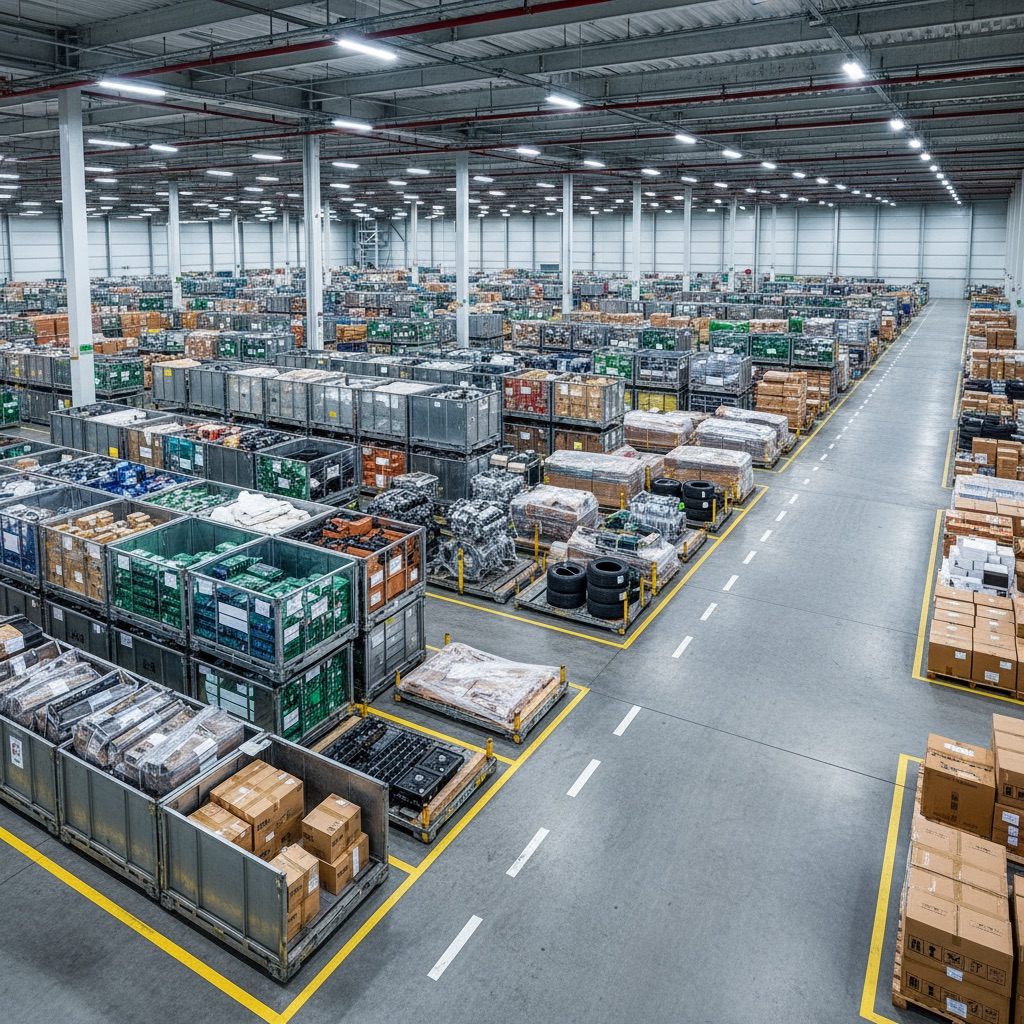 Diverse cargo types including electronics, automotive parts, and packaged goods organized in professional airport cargo handling facility.