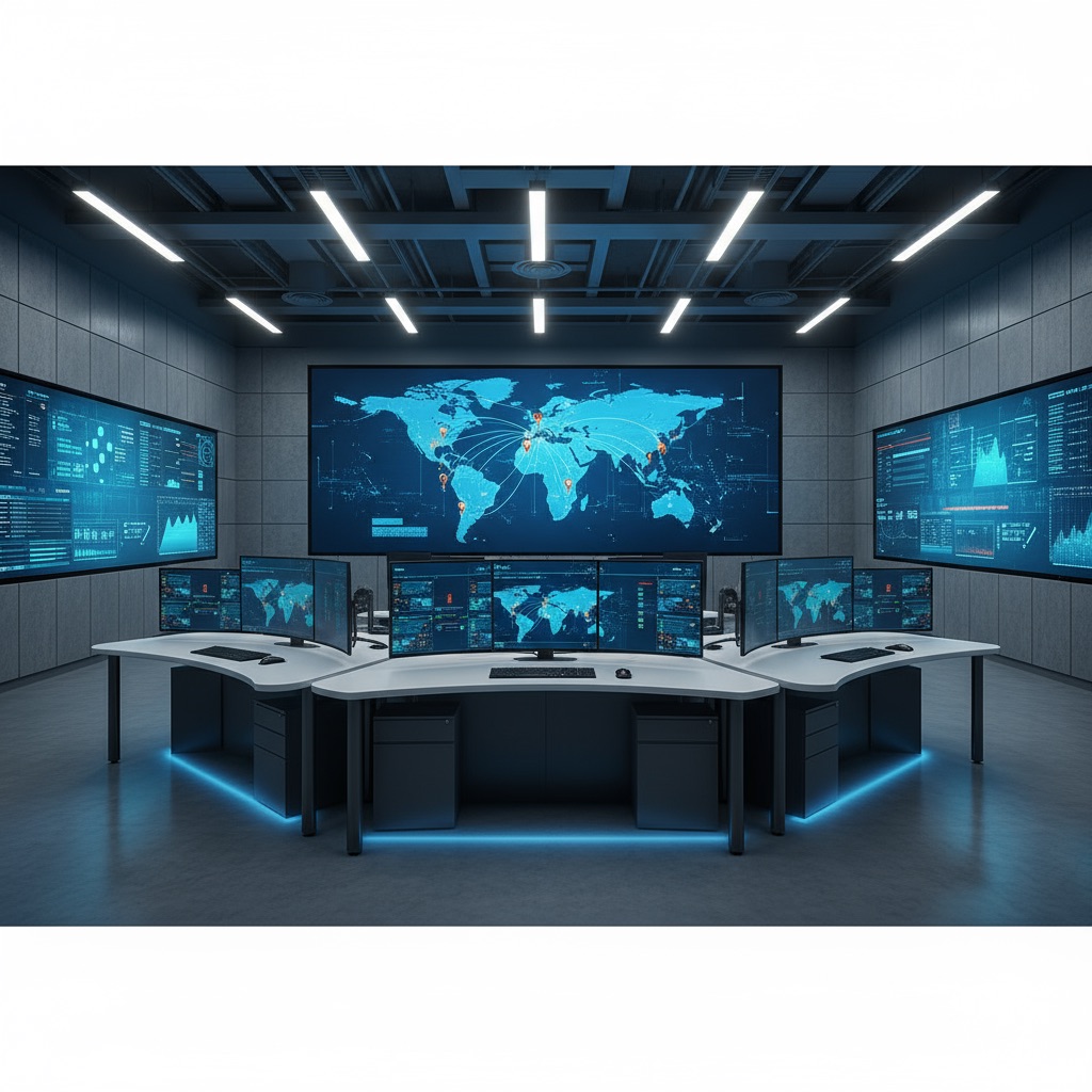 Modern shipping control center with multiple monitors displaying global supply chain logistics tracking maps and data for air freight operations.