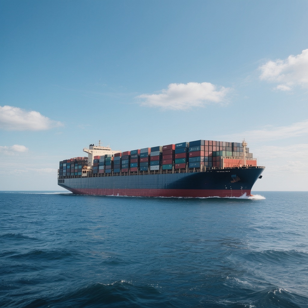Container ship transporting door to door ocean freight cargo across international waters.