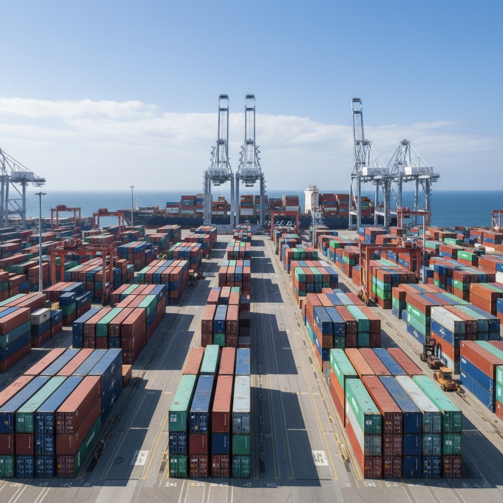 Door to door ocean freight shipping containers at international port terminal.