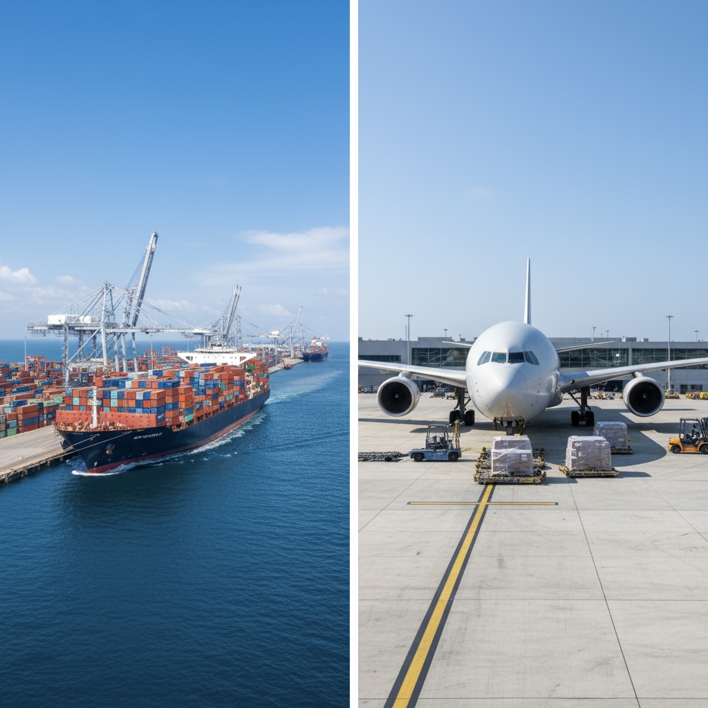 Ocean freight versus air freight cost and transit time comparison for international shipping.